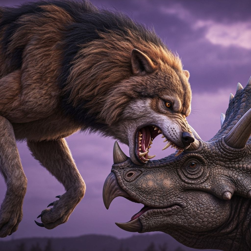 Wolfdog Attacks Triceratops in Dramatic Prehistoric Scene