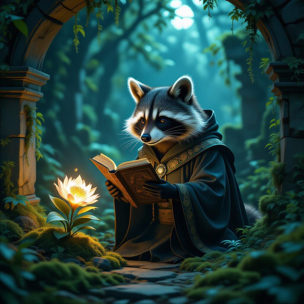 Wise Raccoon Scholar Studies Glowing Flower in Enchanted Gla...