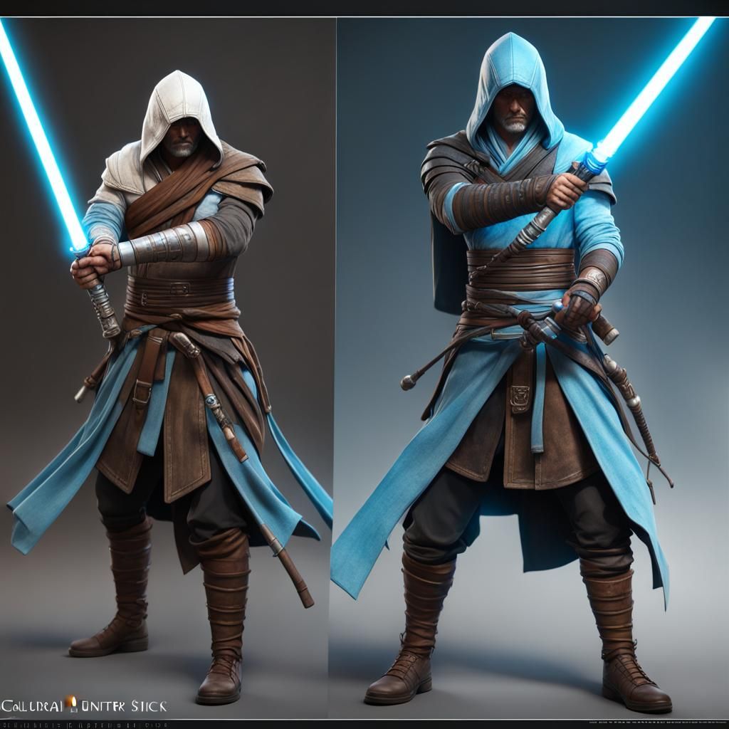 Futuristic Jedi Hunter with Blue Lightsaber Sticks