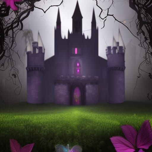 Ethereal Gothic castle covered in vines with Beautiful flowers blossom being all around it& ethereal vibes& magical vibe...