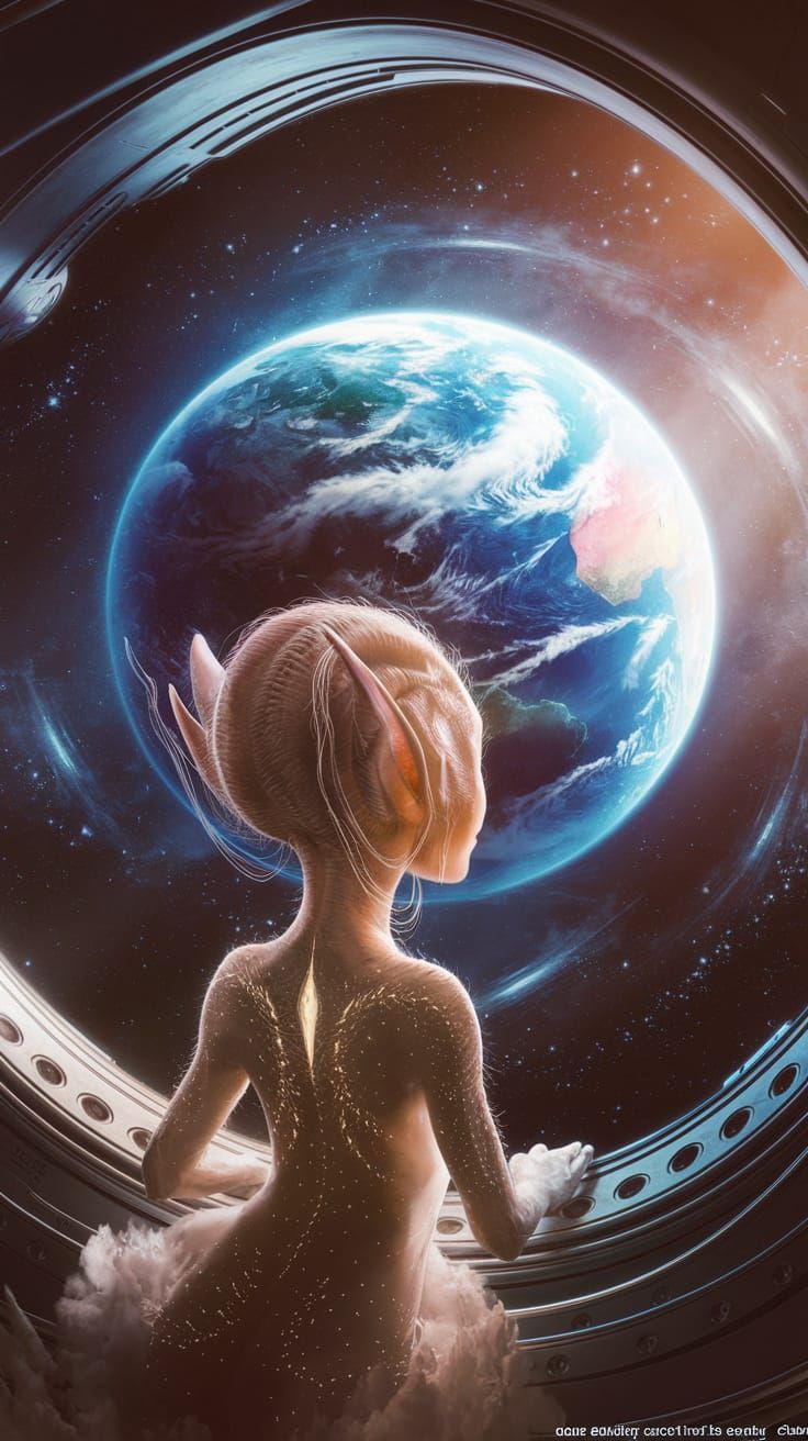 Ethereal Alien Goddess Observes Vibrant Earth from Cosmic Ve...