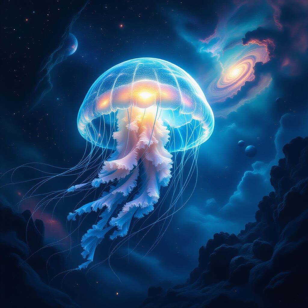 Bioluminescent Jellyfish in Cosmic Ocean