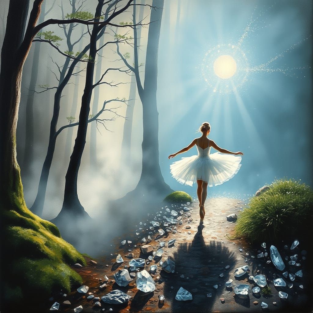 Enchanted Ballerina in Mystical Forest Landscape