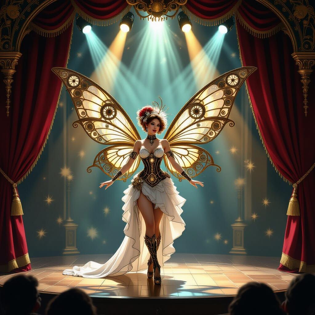 Steampunk Showgirl with Clockwork Wings in Art Nouveau Style