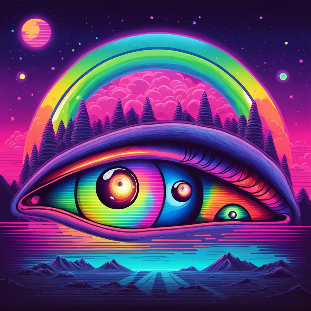 Rainbow Third Eye and Eyeballs in Synthwave Style