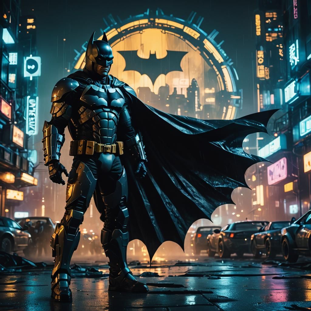Batman in Retro-Futuristic Armor, Cinematic Film Still