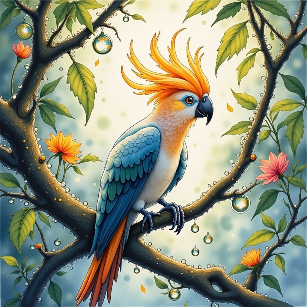 Watercolor Cockatoo on Jungle Branch