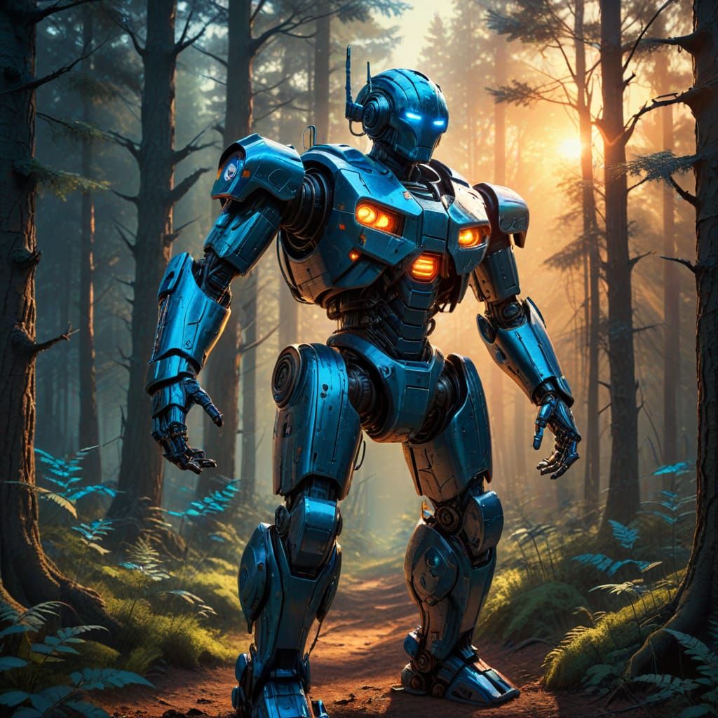 Robot in Forest: Vibrant Oil Painting Style