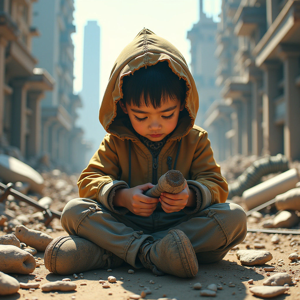 Child's Innocence Amidst Futuristic City Ruins