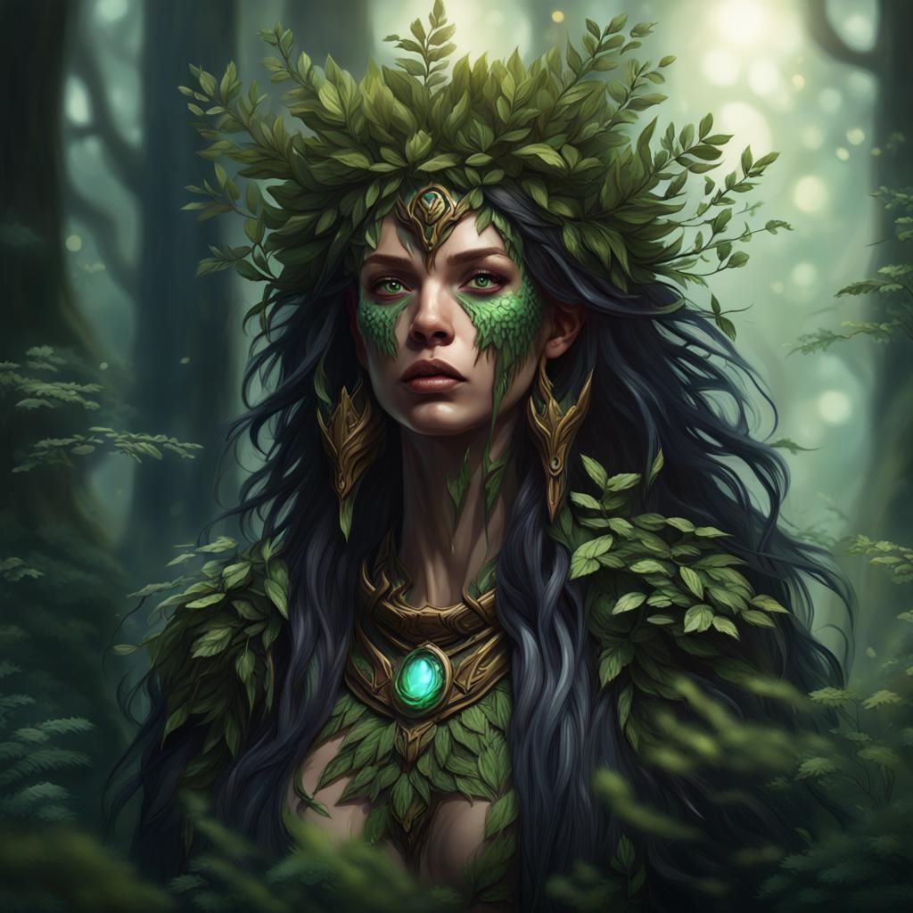 Powerful Female Druid in Impressionistic Oil Painting