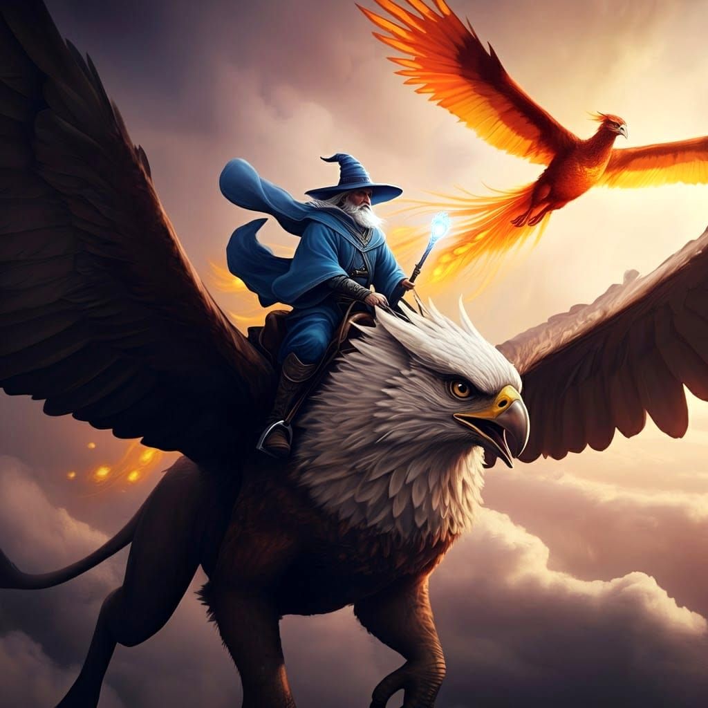 Wizard and Griffin Soaring with Phoenix, Fantasy Art