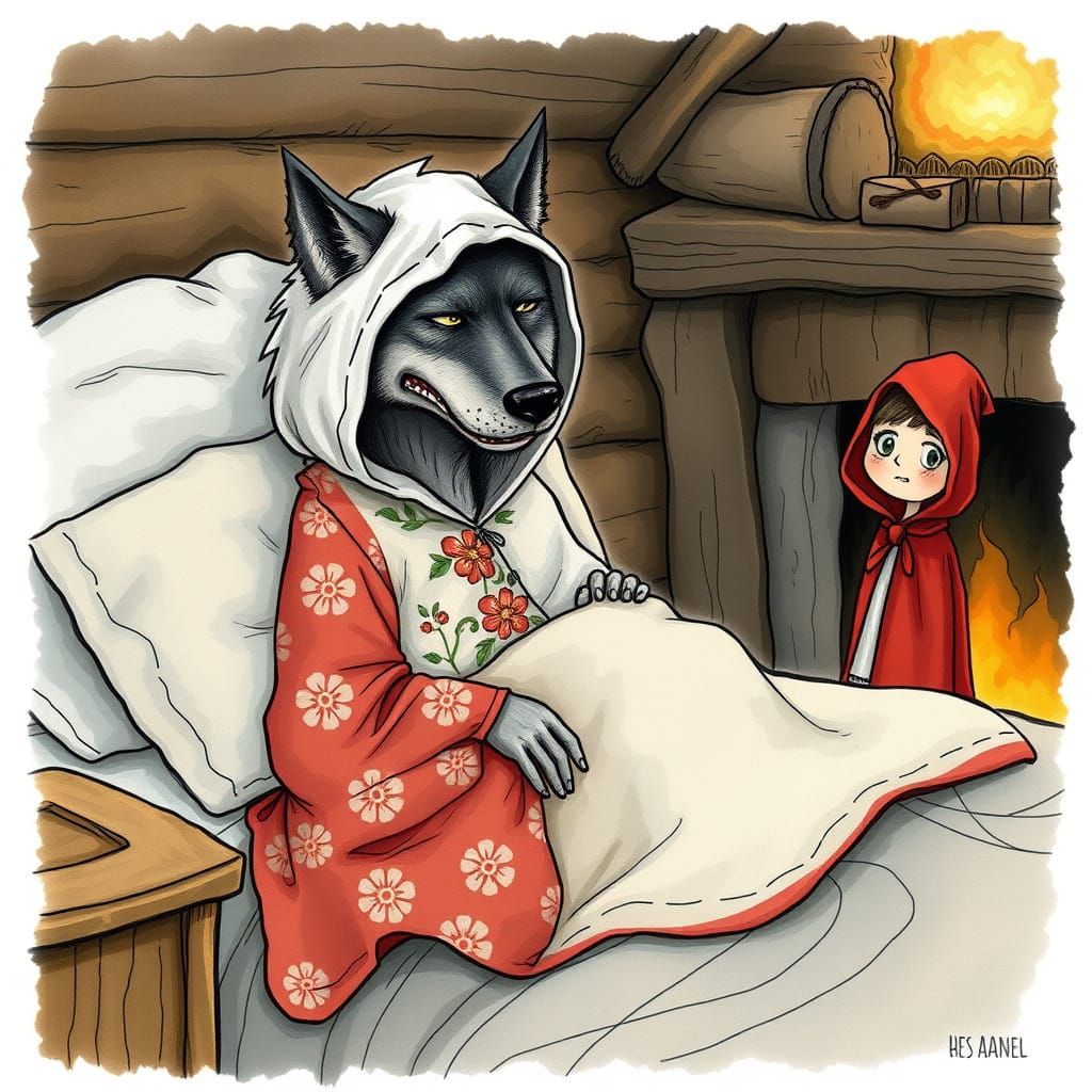Wolf in Grandma Costume Meets Red Riding Hood