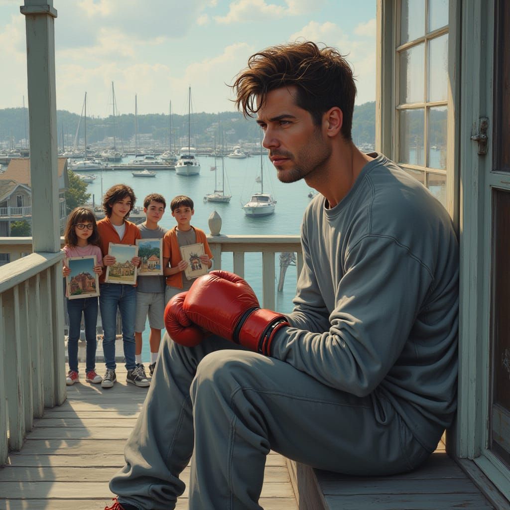 Man on Porch with Boxing Gloves Facing Marina