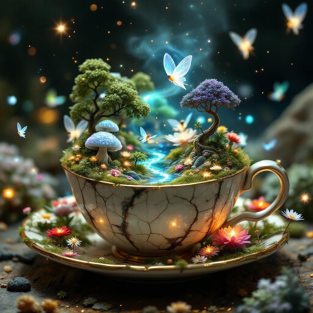 Miniature Universe Inside Teacup, Surreal Fantasy Art