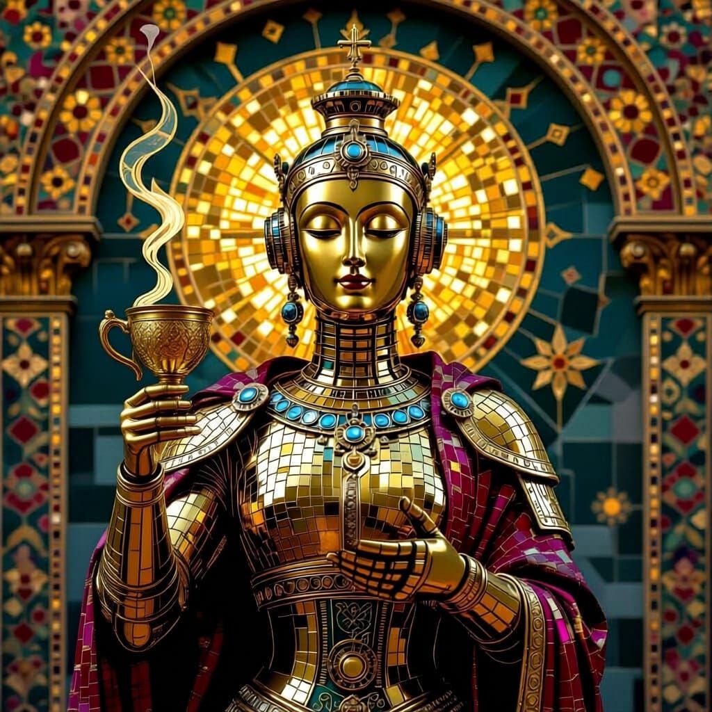 Sacred Robot Holding Holy Coffee Chalice