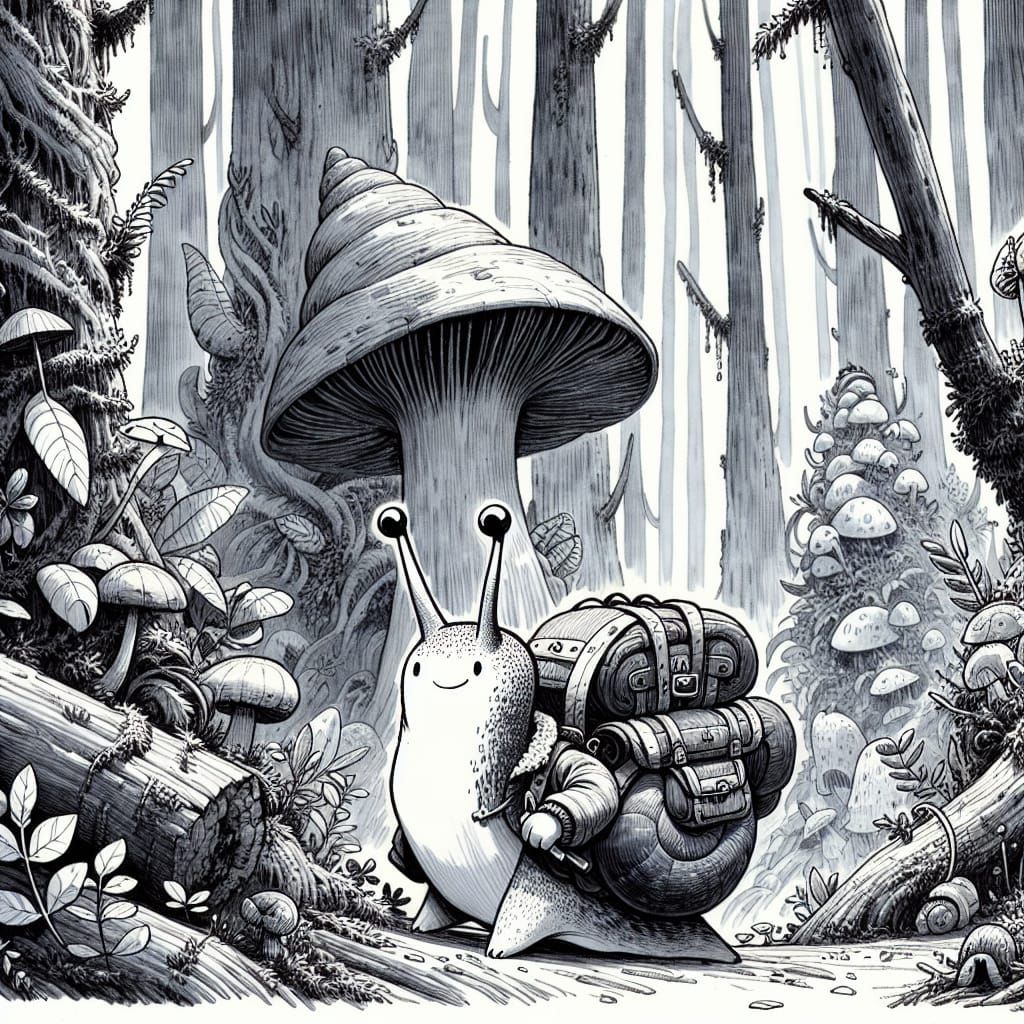 Adventurous Snail's Forest Journey in Ink and Watercolor