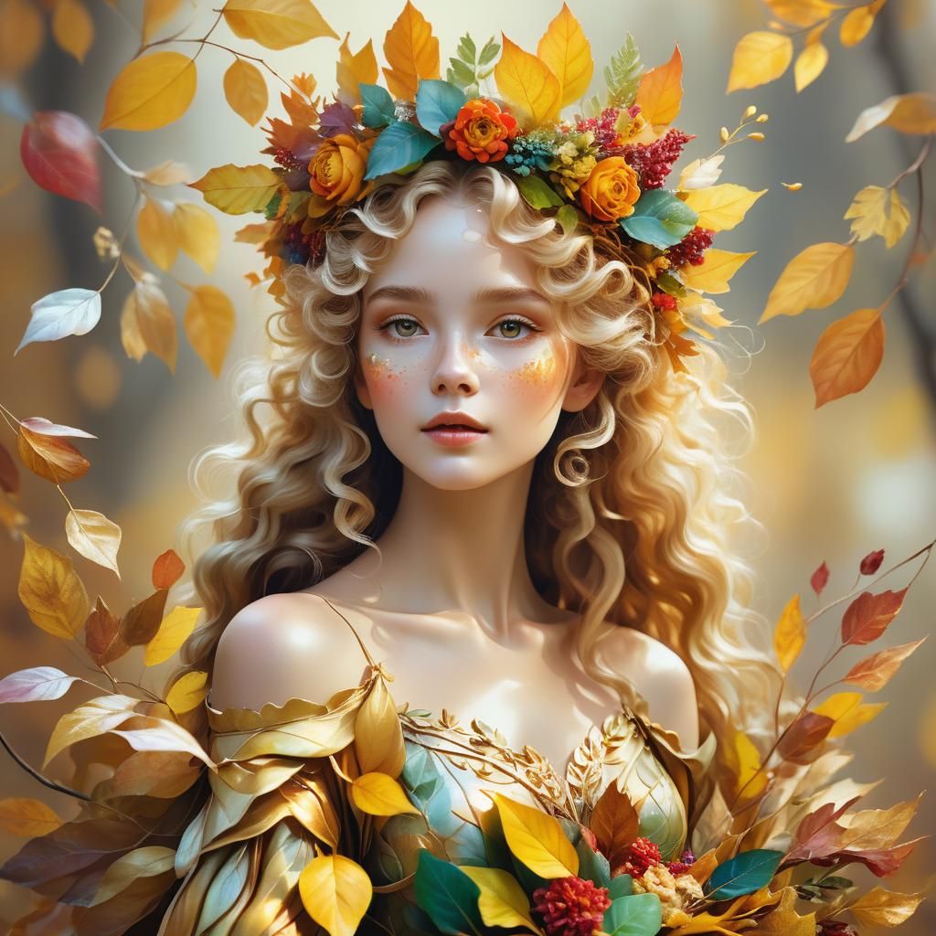 Lady Golden Autumn in Leaf Dress: Fantasy Illustration