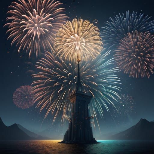 Golden Digital Clock Striking Midnight in a Kaleidoscope of...