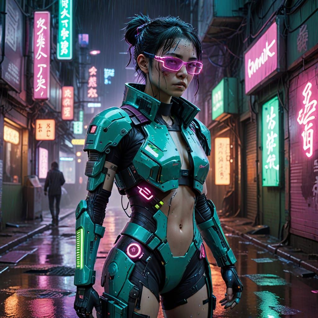 Cyberpunk Medic in Neon Alley, Feng Zhu Style