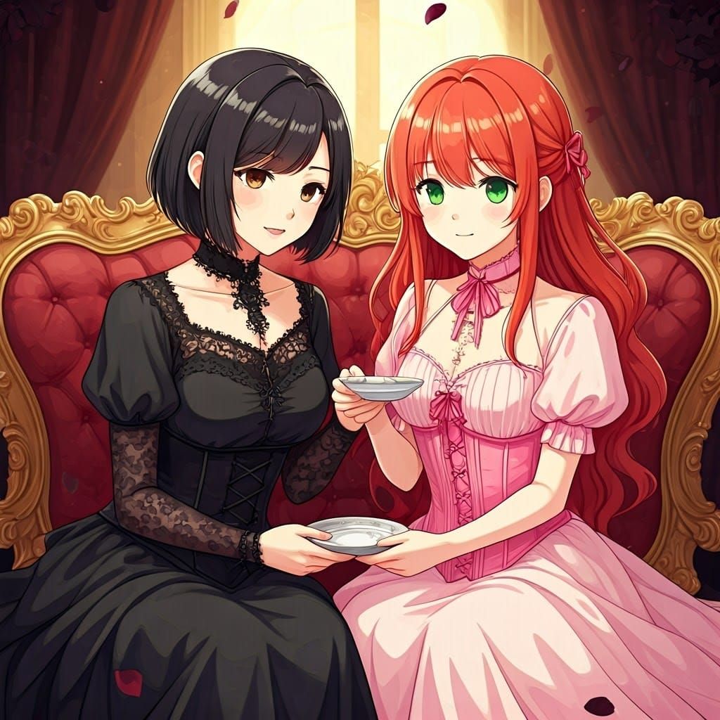 Anime Women Share Tea in Gothic, Princess Styles