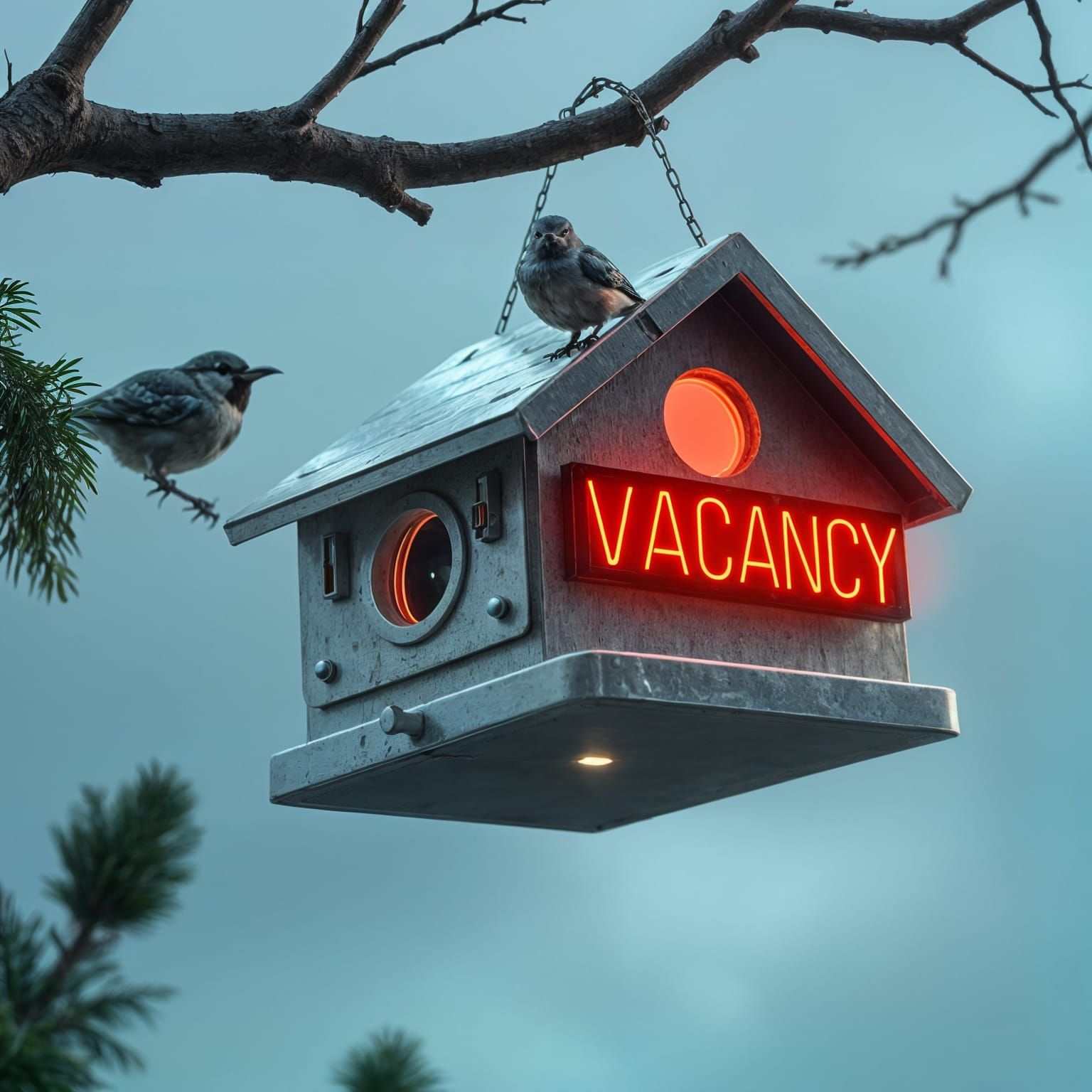 Futuristic Birdhouse Motel with Glowing Sign