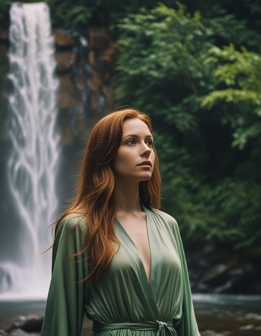 Auburn Haired Woman in Silk Robe at Waterfall