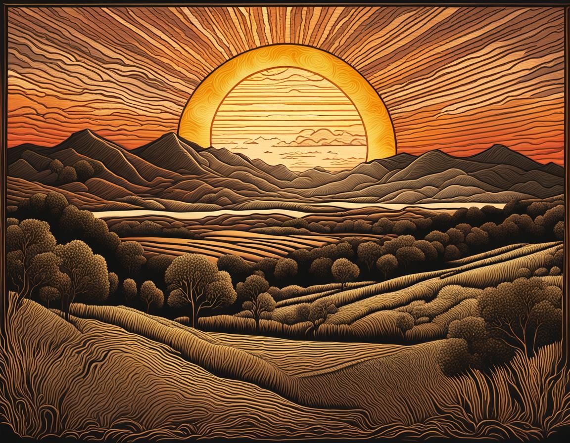Embossed Sun Sunset Scene as Matte Painting