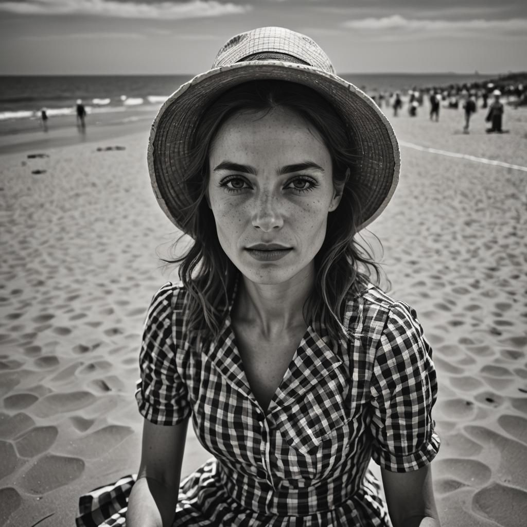 Monochrome Beach Portrait in Gouache Style