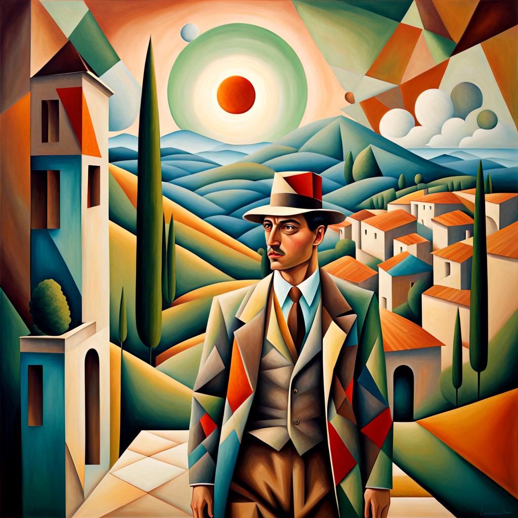 Cubist Dreamscape: Italian Man in Geometric Landscape