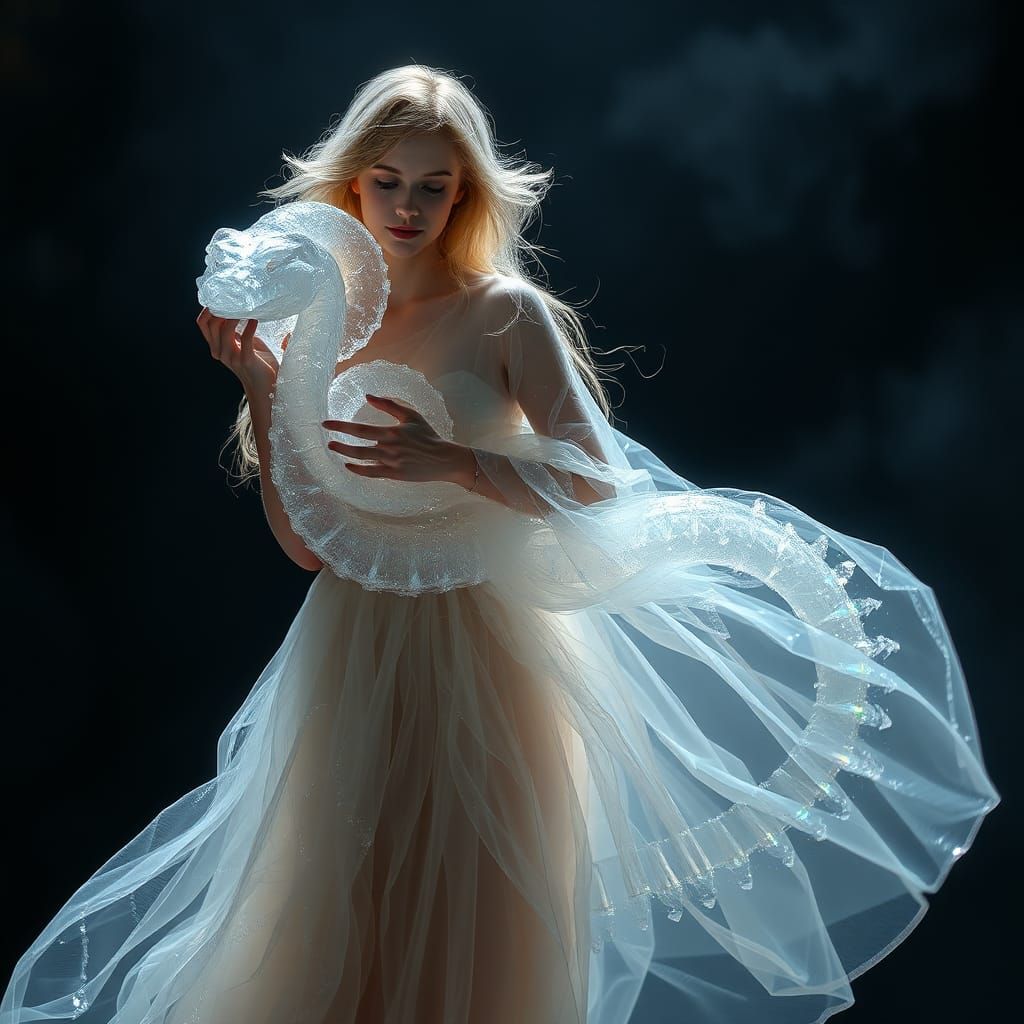 Woman and Crystalline Serpent in Dreamlike Sci-Fi Style