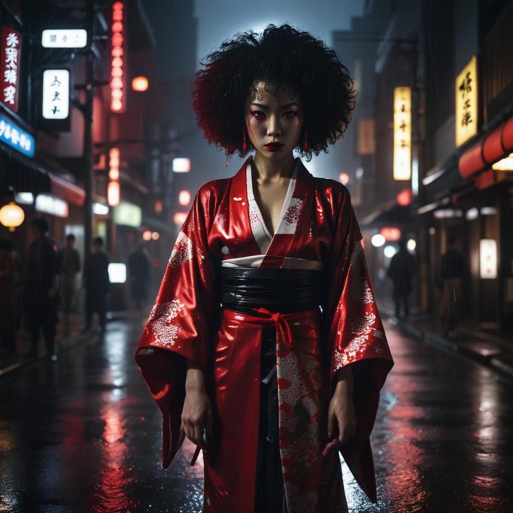 Neo-Noir Afro-Japanese Assassin in Rainy Cityscape