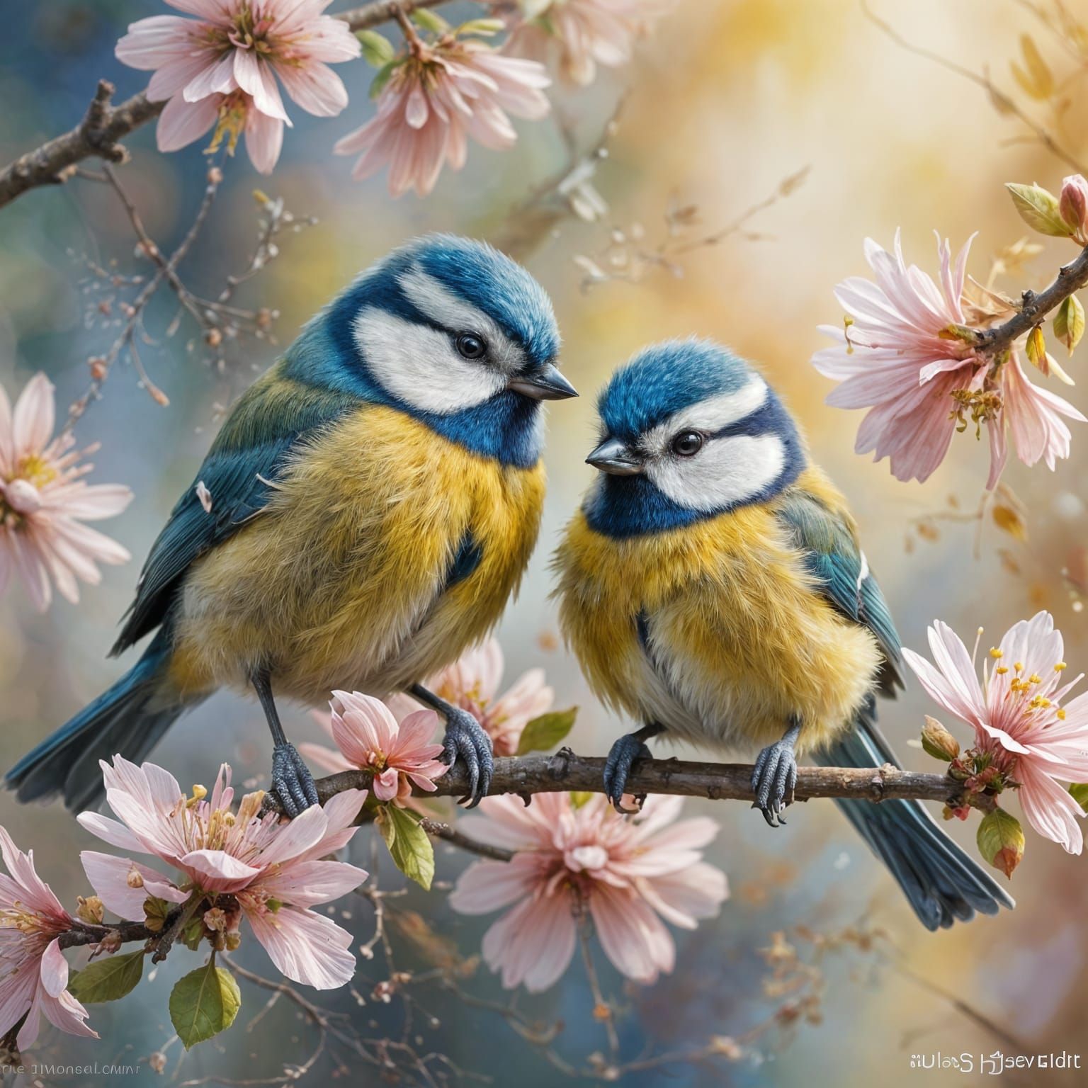 Pastel Watercolour of Two Bluetits on Flowering Branch