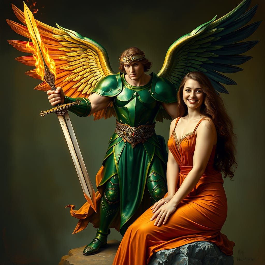 Renaissance Angel Descends with Flaming Sword in Shining Gre...