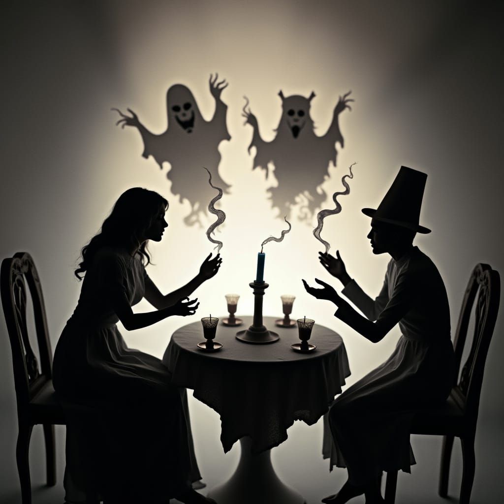 Eerie Paper Séance Scene with Victorian Spiritualism Style
