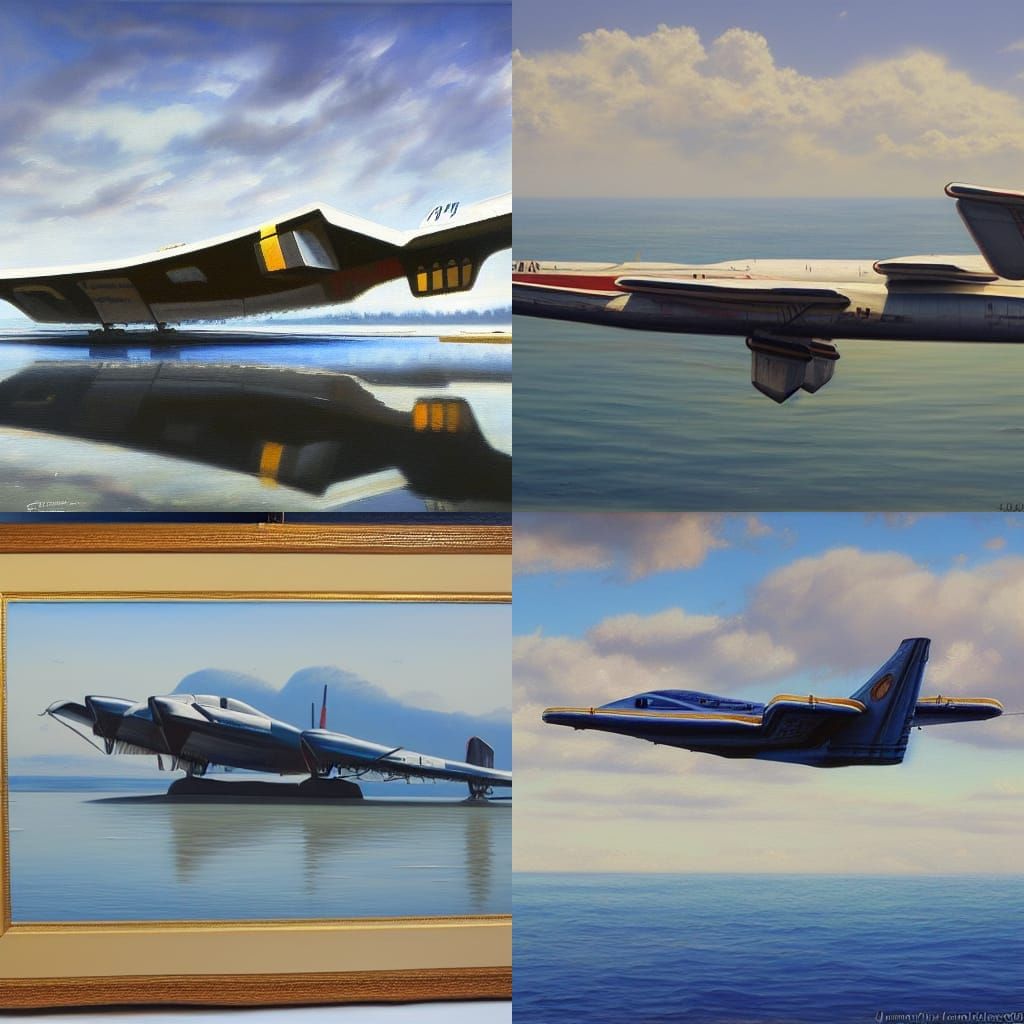 Ekranoplan in Flight as Oil Painting