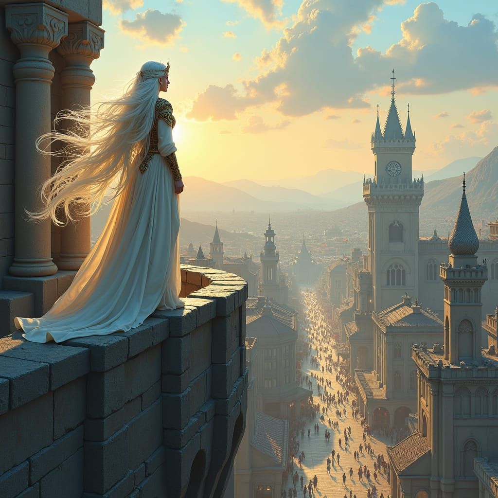 Elara on Castle Walls: A Watercolor Dream