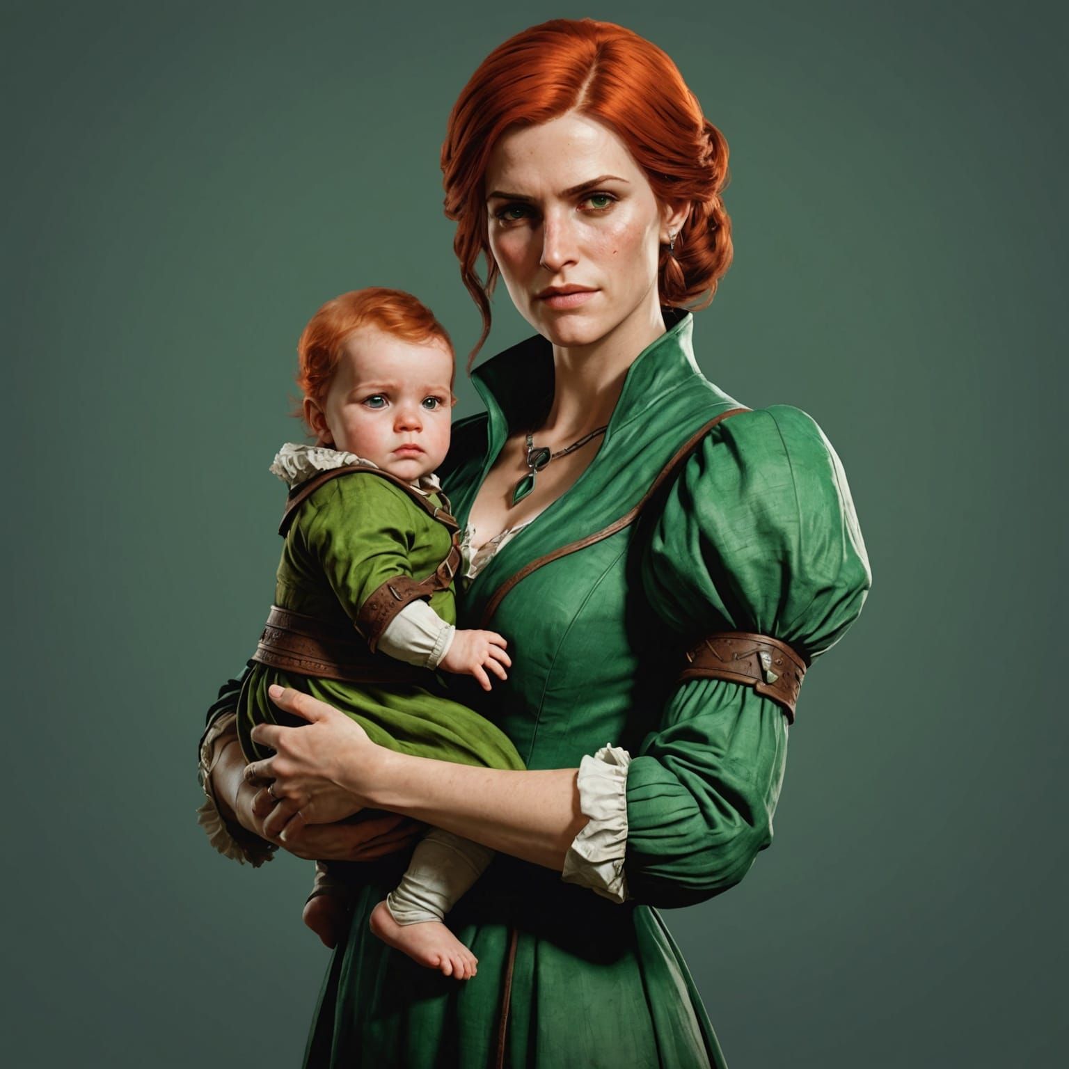 Triss Merigold from The Witcher 3 in a green dress holding a baby in her arms
