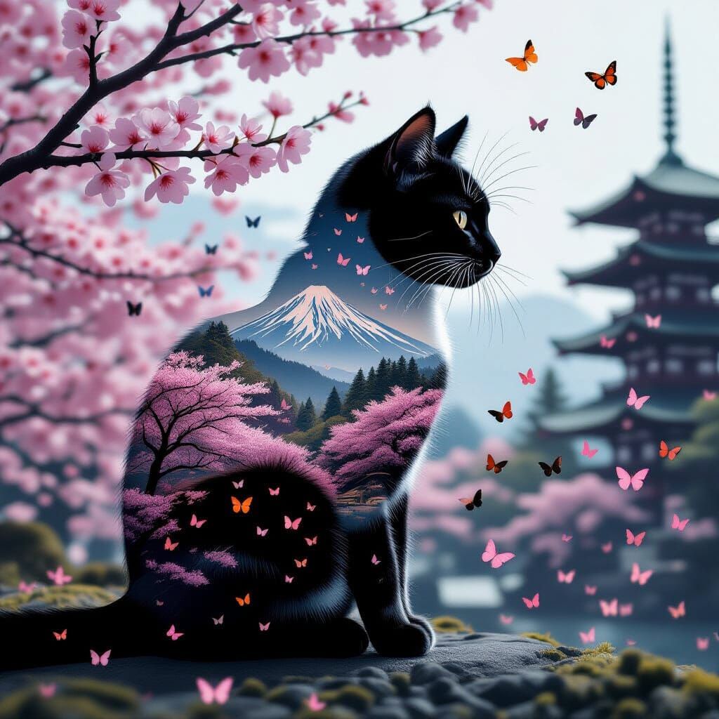 Cat Silhouette with Japanese Landscape, Double Exposure