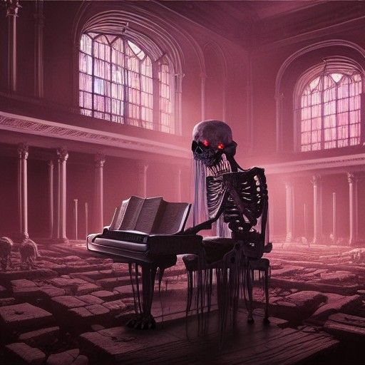 Zombie Bride Plays Piano in Cyberpunk Library