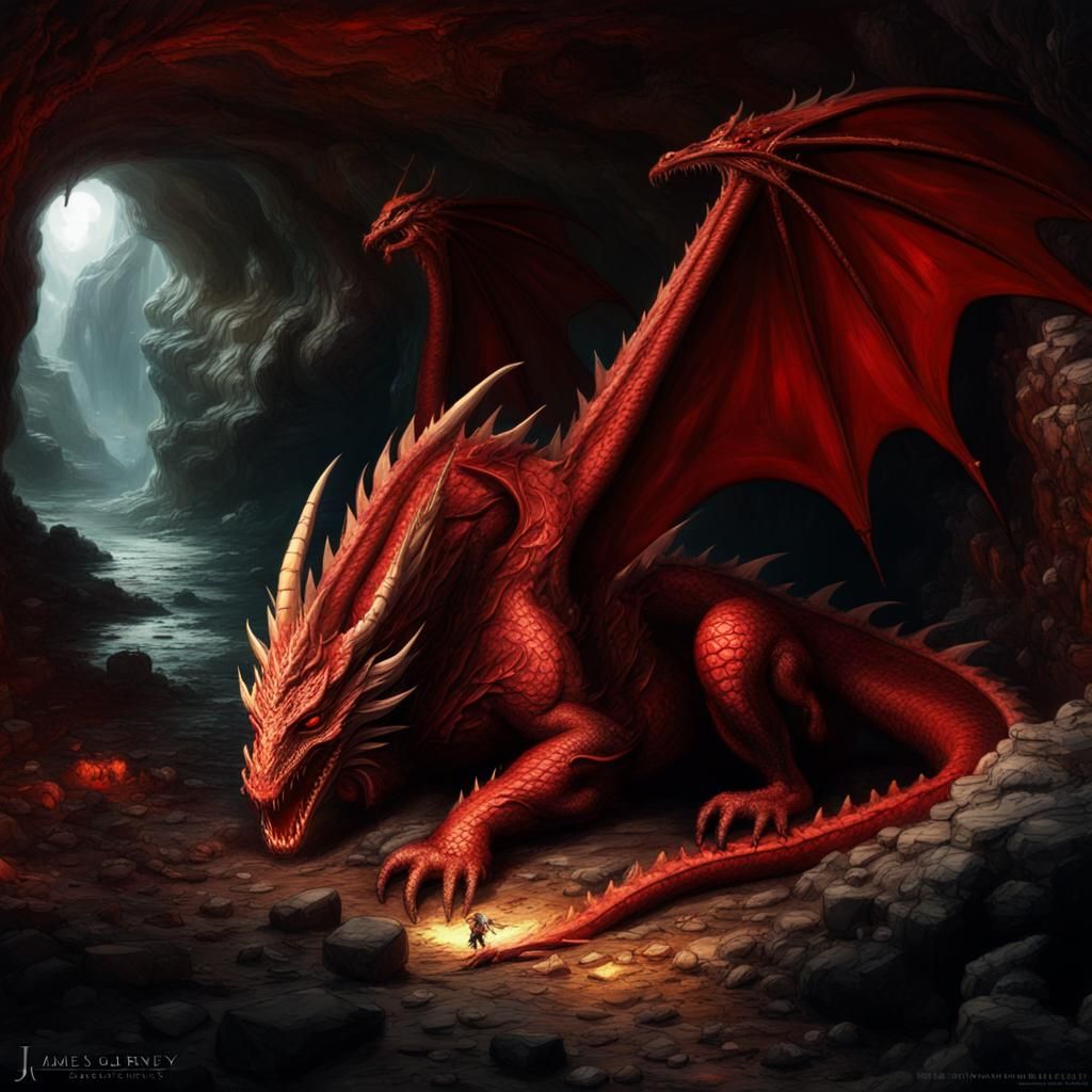 Red Dragon Sleeping on Treasure in Cave, Dramatic Digital Ar...