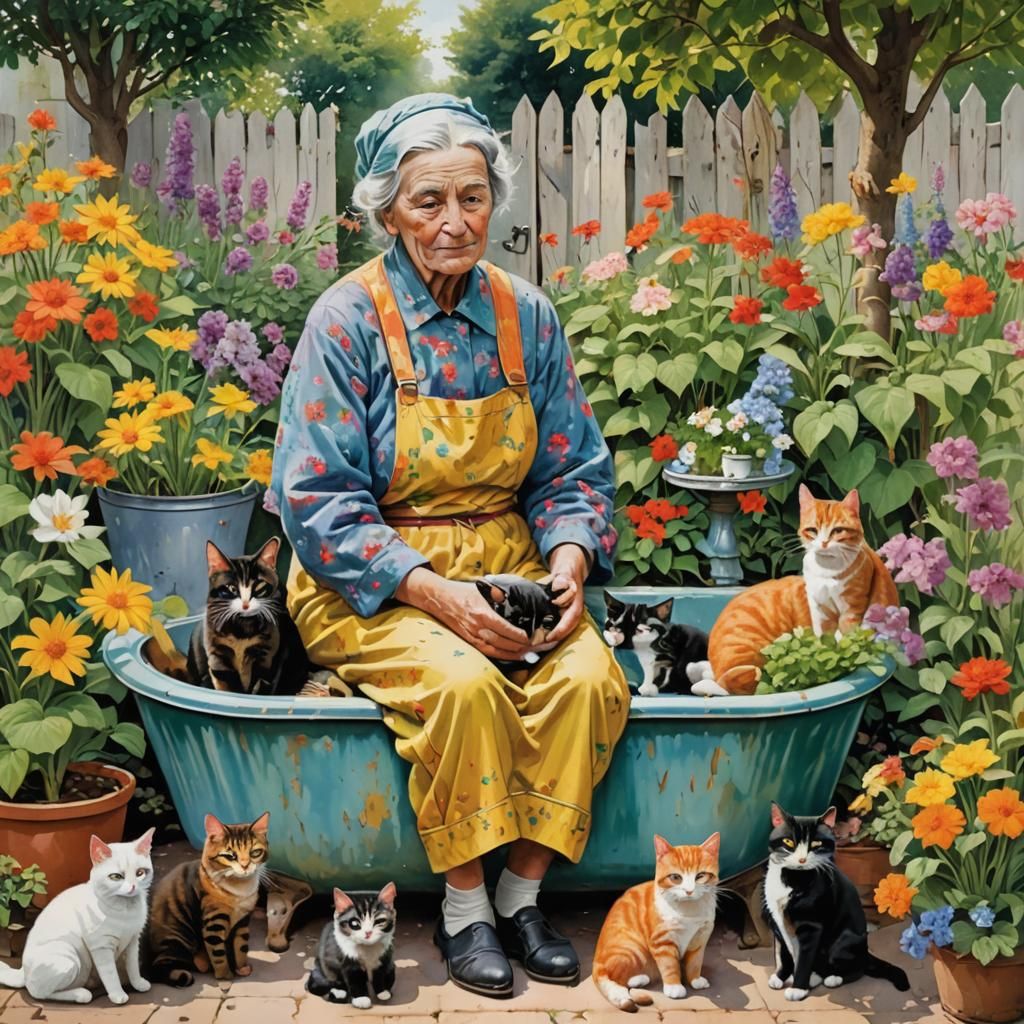 Gouache Painting: Old Woman Bathing with Cats