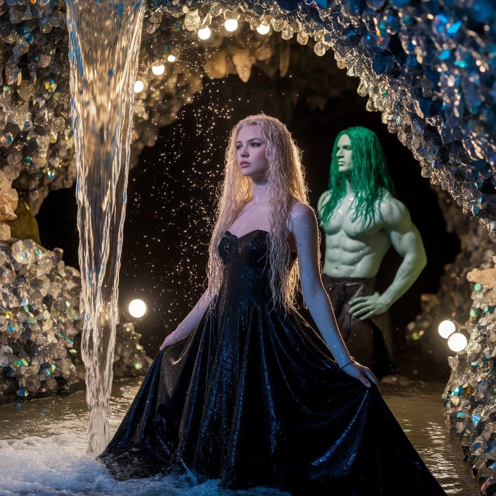 Crystal Cave Waterfall with Woman in Billowing Gown