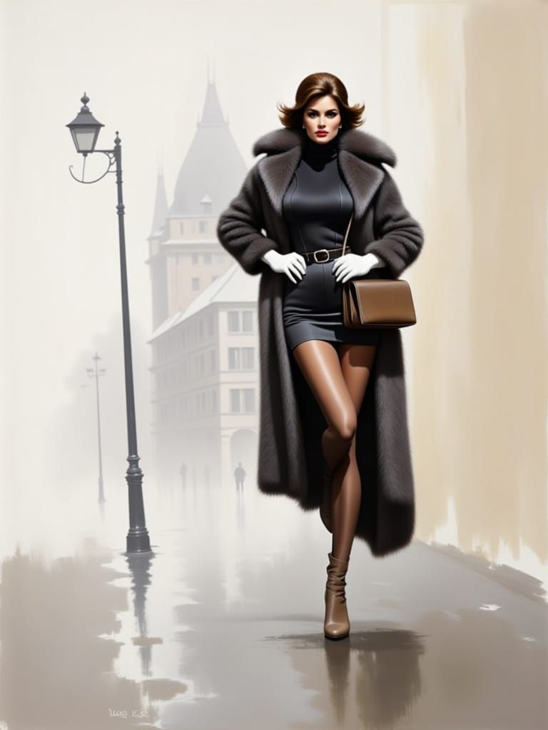 Leggy Woman in Fur Coat on Foggy European Street