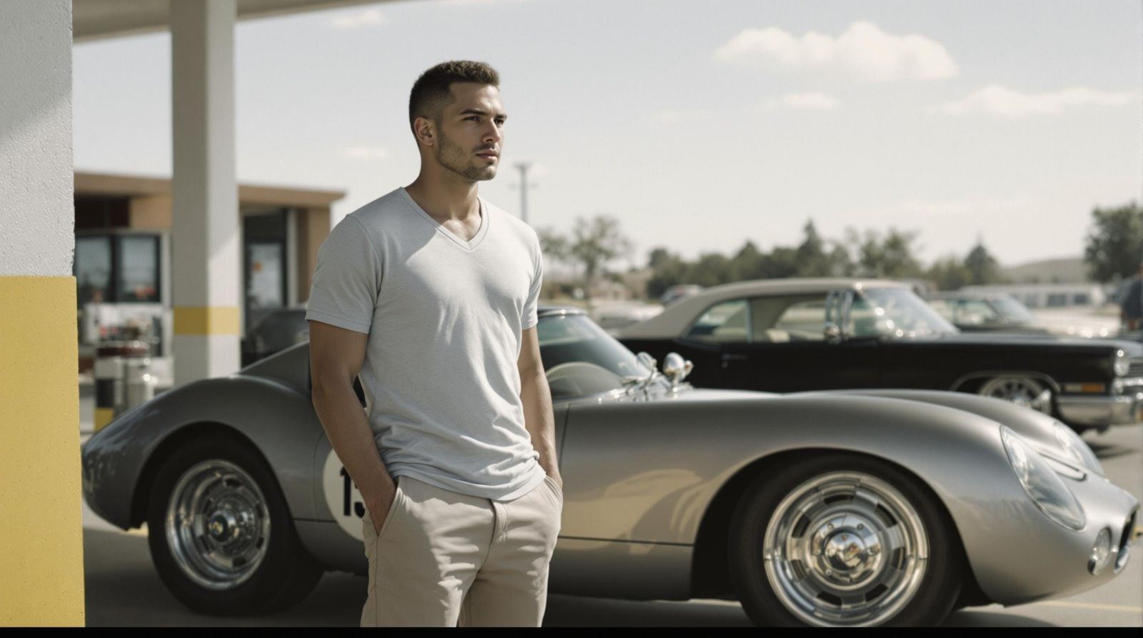 Vintage Gas Station Scene with Porsche 550 Spyder