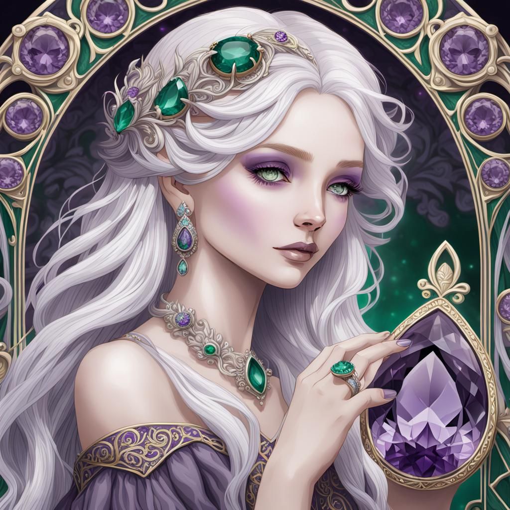 Art Nouveau Woman Gazes at Amethyst Ring