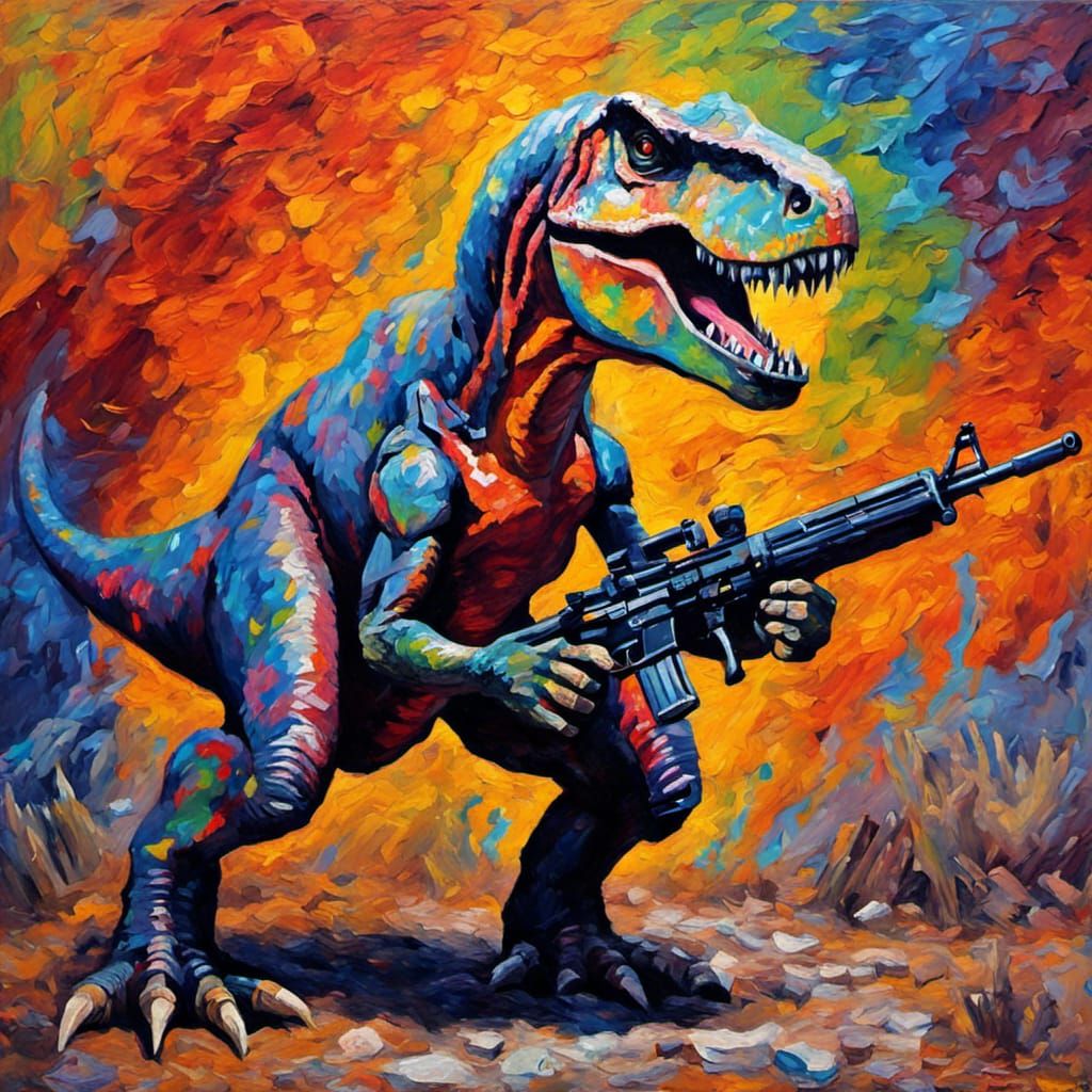 T-Rex with Machine Guns as Impasto Painting