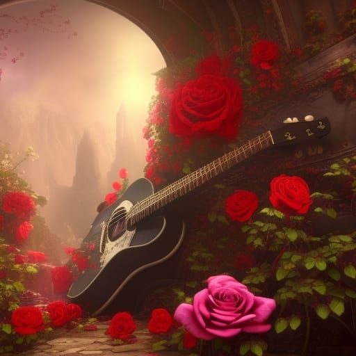 Guitar with Roses: Fantasy Matte Painting