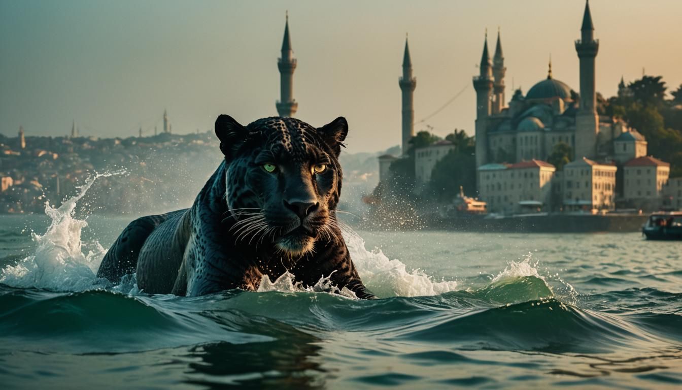 Black Jaguar Emerges from Bosphorus in Surrealism