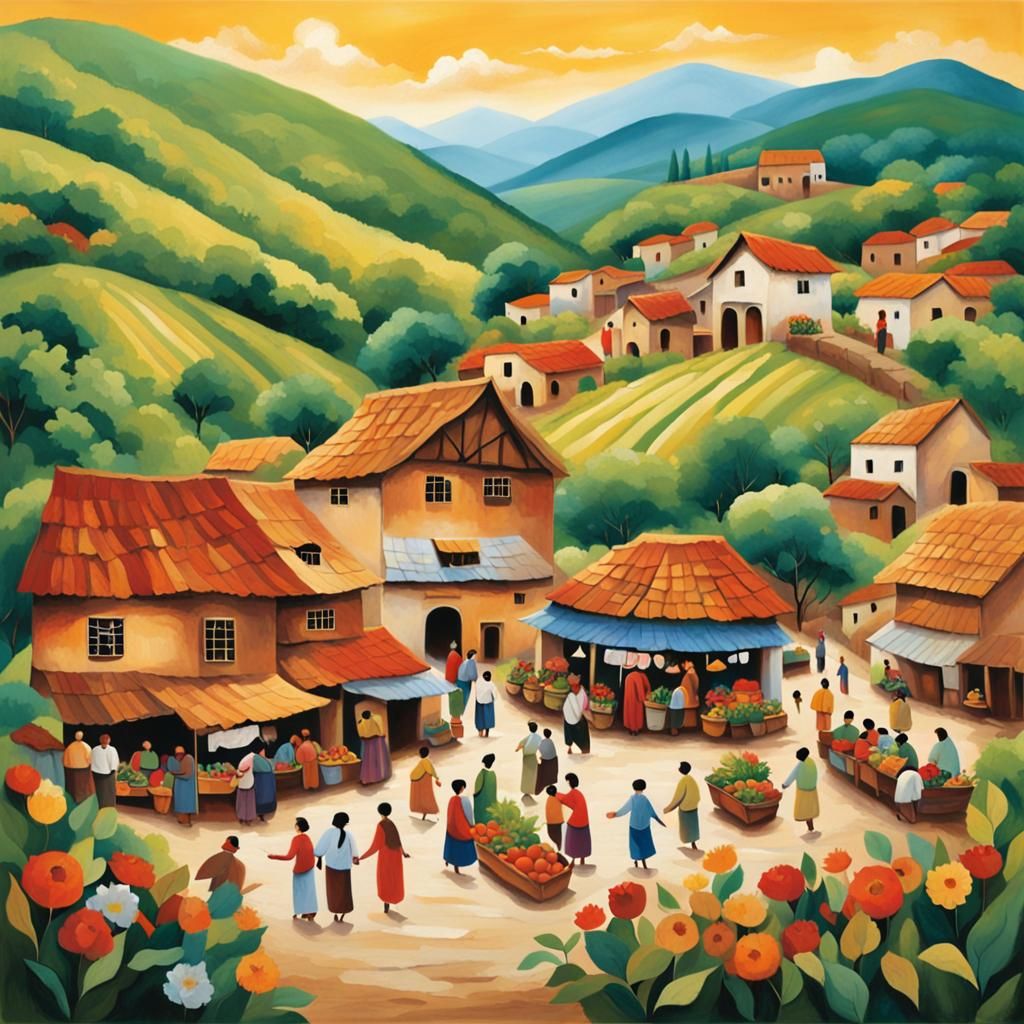 Idyllic Village Scene with Bustling Marketplace