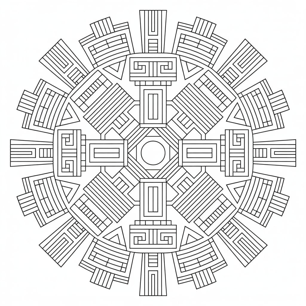 Aztec Geometric Mandala Line Art for Coloring